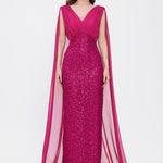 Stone Embroidered V-Neck Long Evening Dress