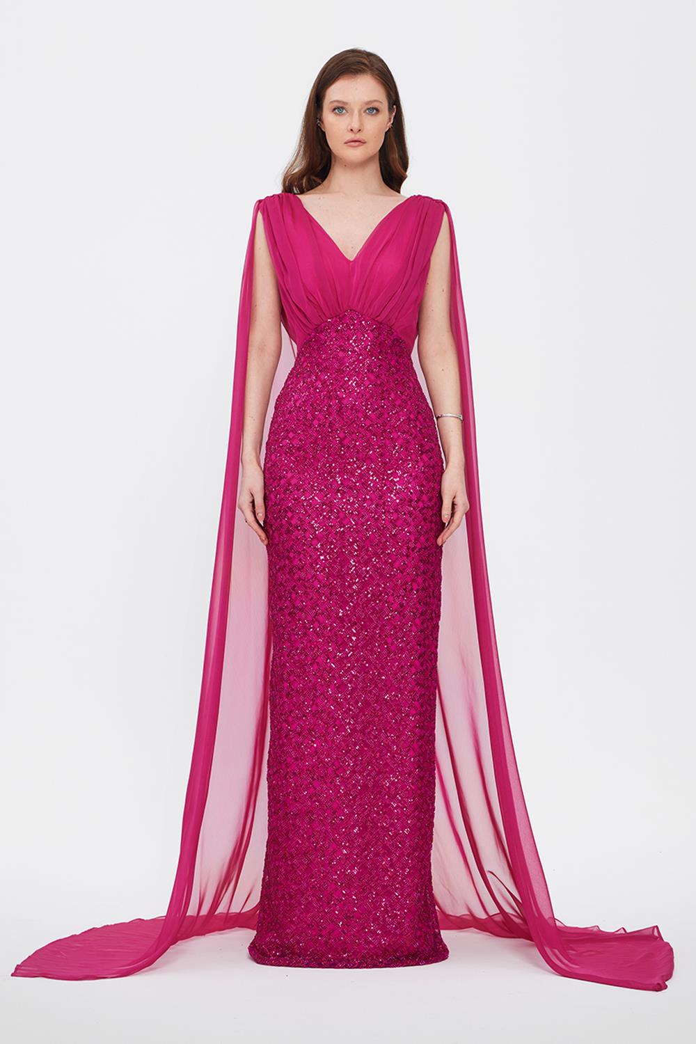 Stone Embroidered V-Neck Long Evening Dress