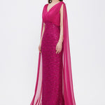 Stone Embroidered V-Neck Long Evening Dress