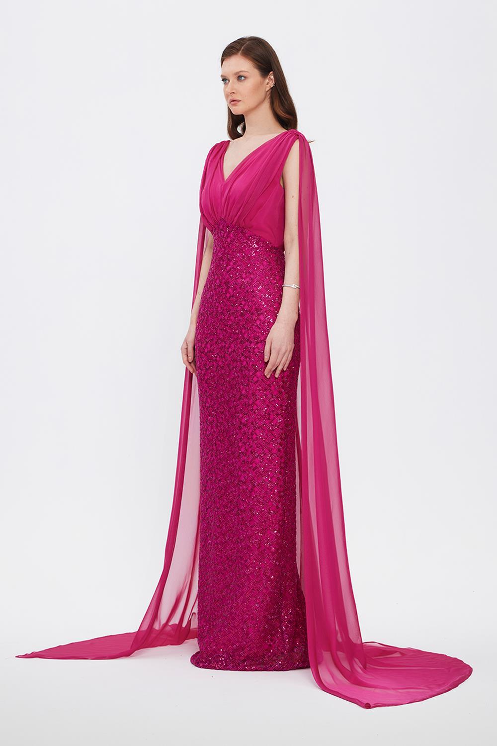 Stone Embroidered V-Neck Long Evening Dress