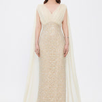 Stone Embroidered V-Neck Long Evening Dress