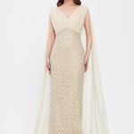 Stone Embroidered V-Neck Long Evening Dress