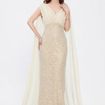 Stone Embroidered V-Neck Long Evening Dress