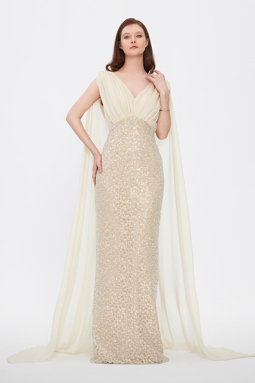 Stone Embroidered V-Neck Long Evening Dress