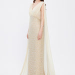 Stone Embroidered V-Neck Long Evening Dress