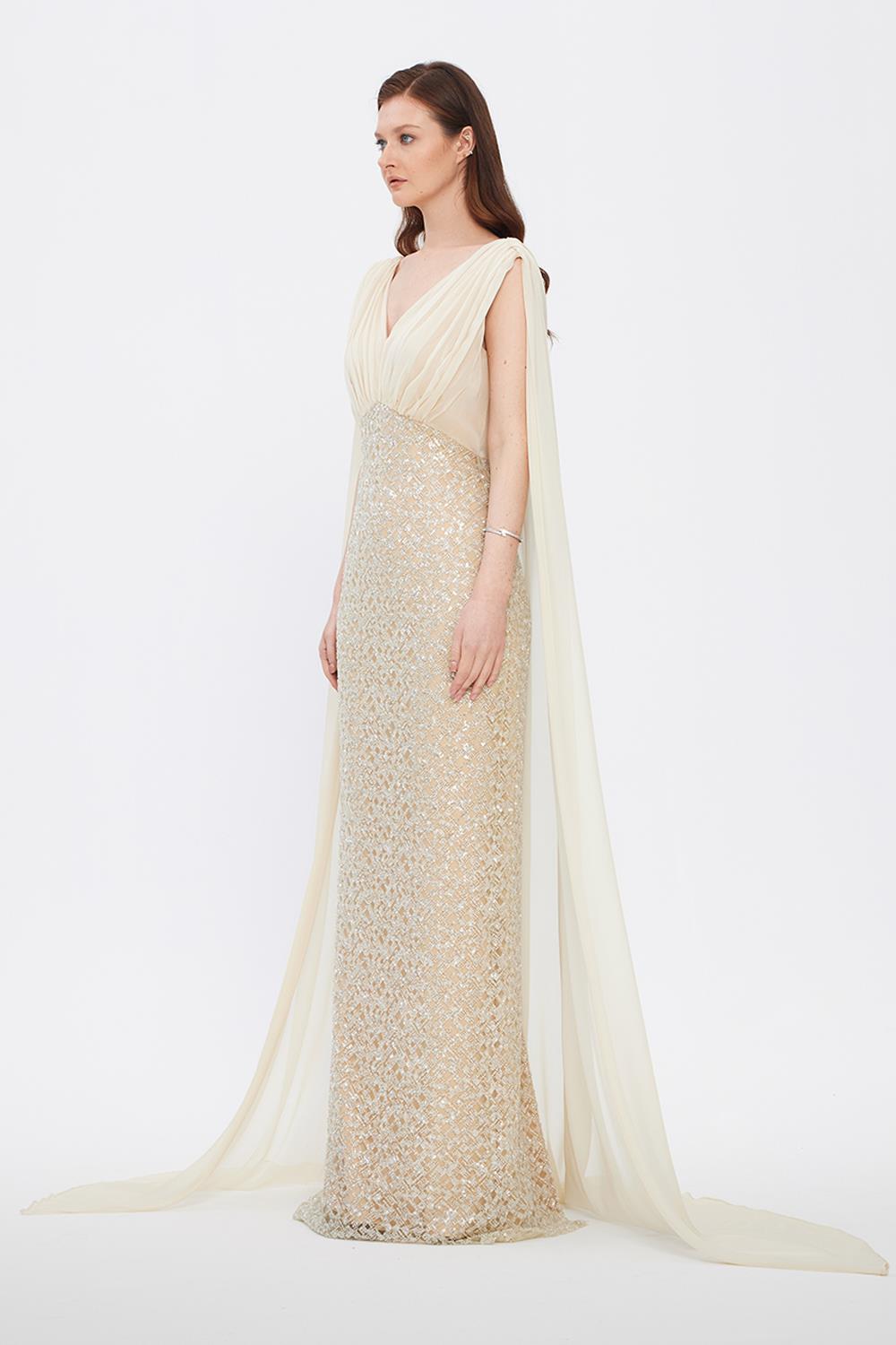 Stone Embroidered V-Neck Long Evening Dress