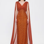 Stone Embroidered V-Neck Long Evening Dress