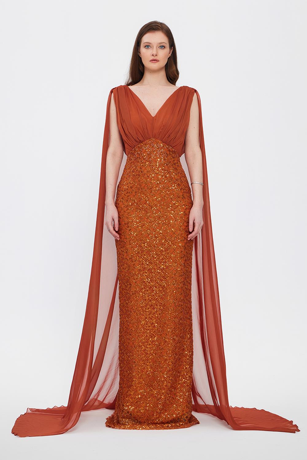 Stone Embroidered V-Neck Long Evening Dress