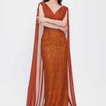 Stone Embroidered V-Neck Long Evening Dress