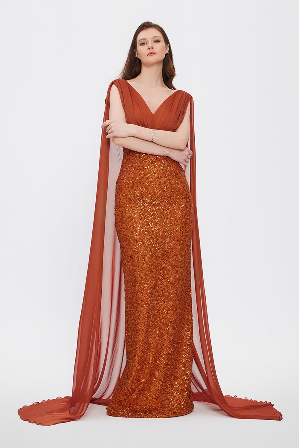 Stone Embroidered V-Neck Long Evening Dress