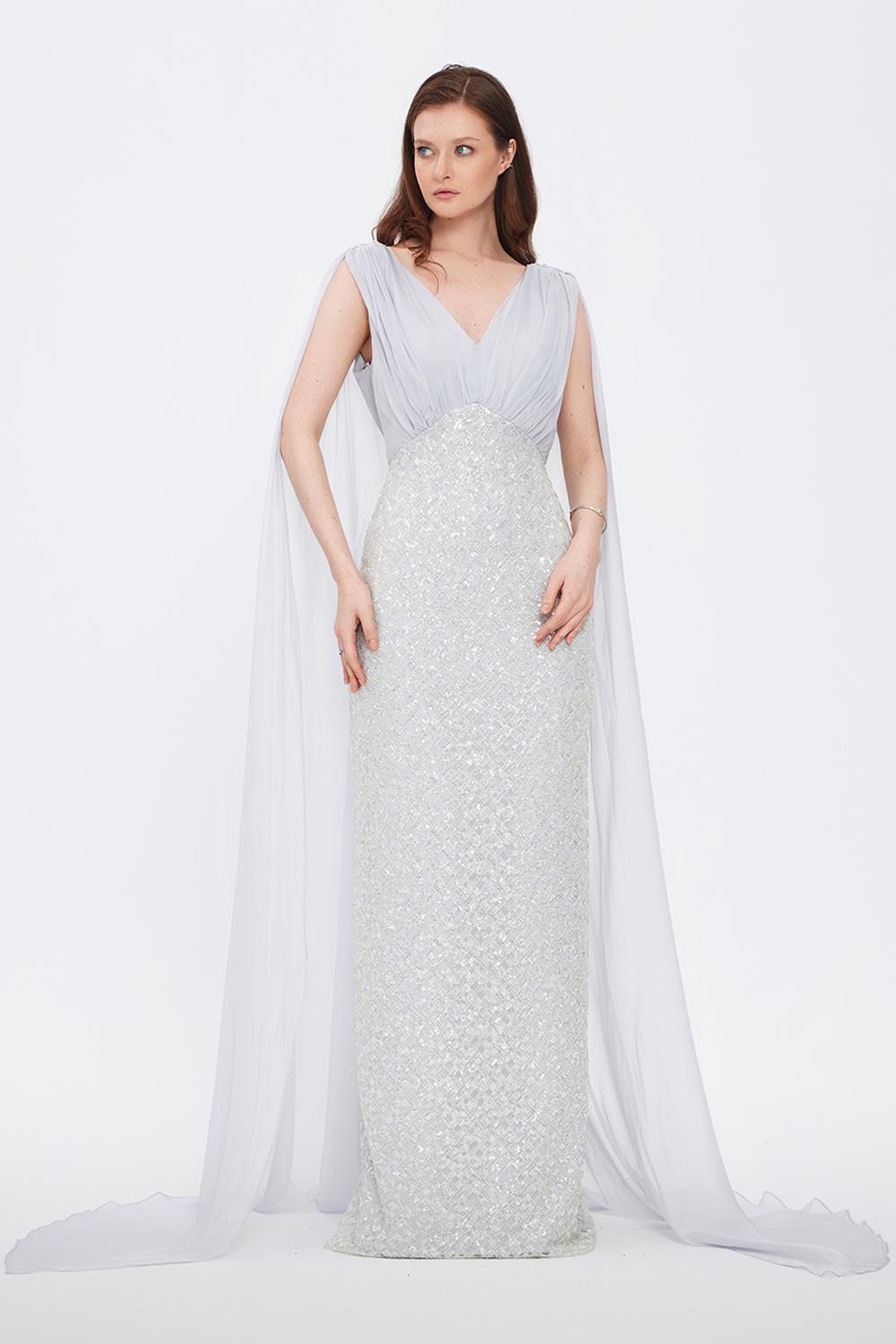 Stone Embroidered V-Neck Long Evening Dress