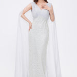 Stone Embroidered V-Neck Long Evening Dress