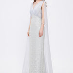 Stone Embroidered V-Neck Long Evening Dress