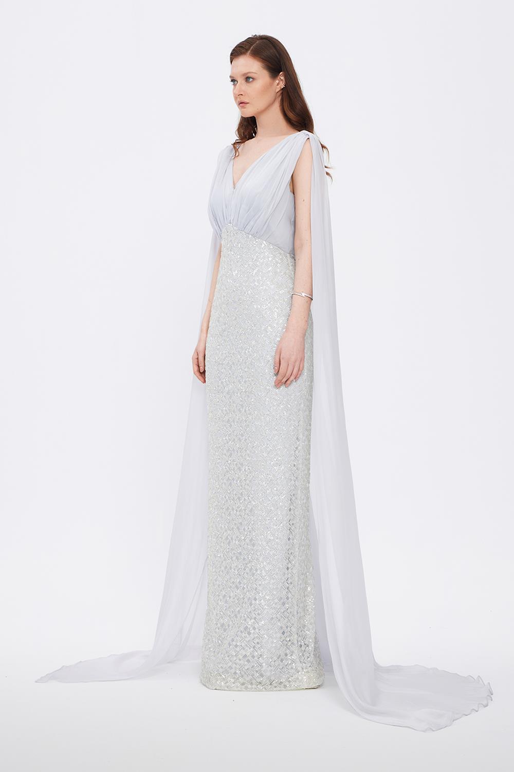 Stone Embroidered V-Neck Long Evening Dress