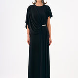 Stone Embroidery Detailed Half Sleeve Draped Long Evening Dress