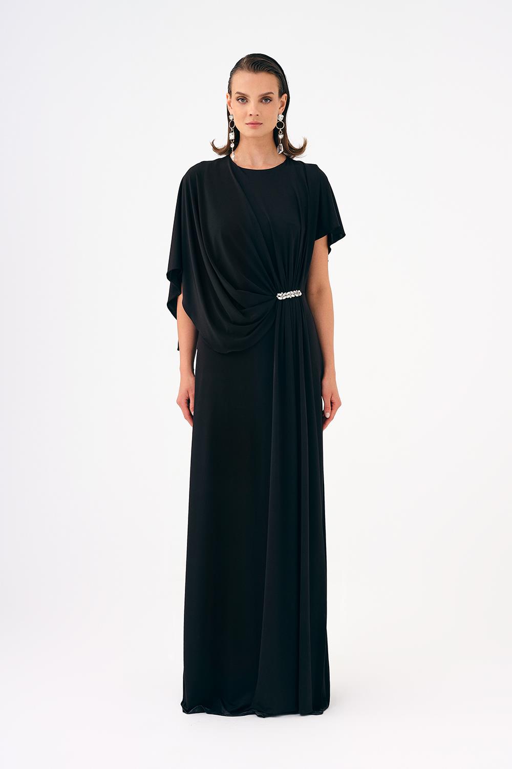 Stone Embroidery Detailed Half Sleeve Draped Long Evening Dress