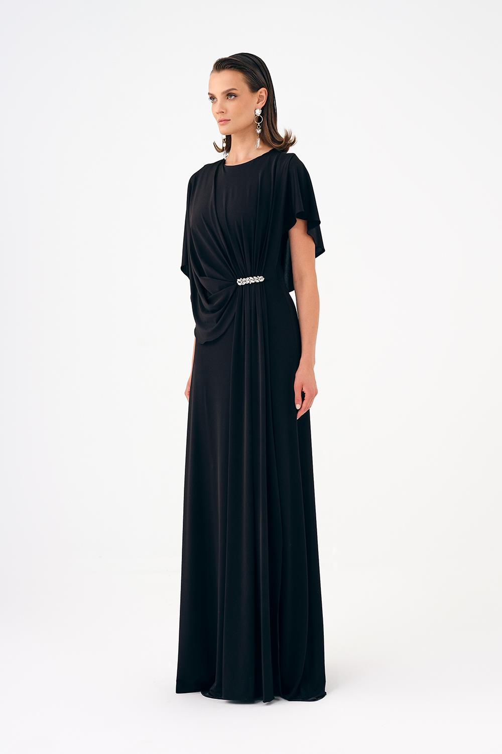 Stone Embroidery Detailed Half Sleeve Draped Long Evening Dress