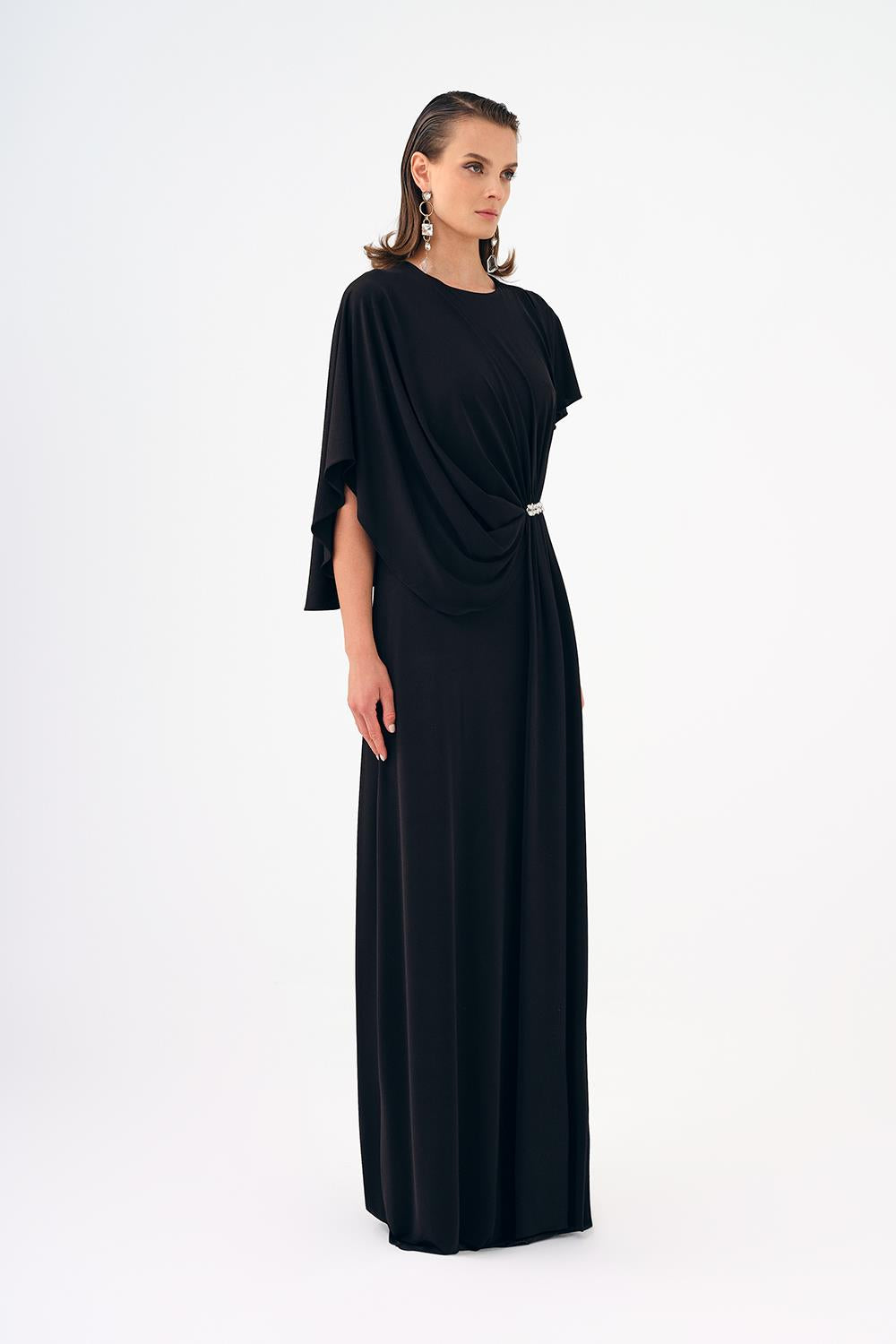 Stone Embroidery Detailed Half Sleeve Draped Long Evening Dress