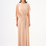 Stone Embroidery Detailed Half Sleeve Draped Long Evening Dress