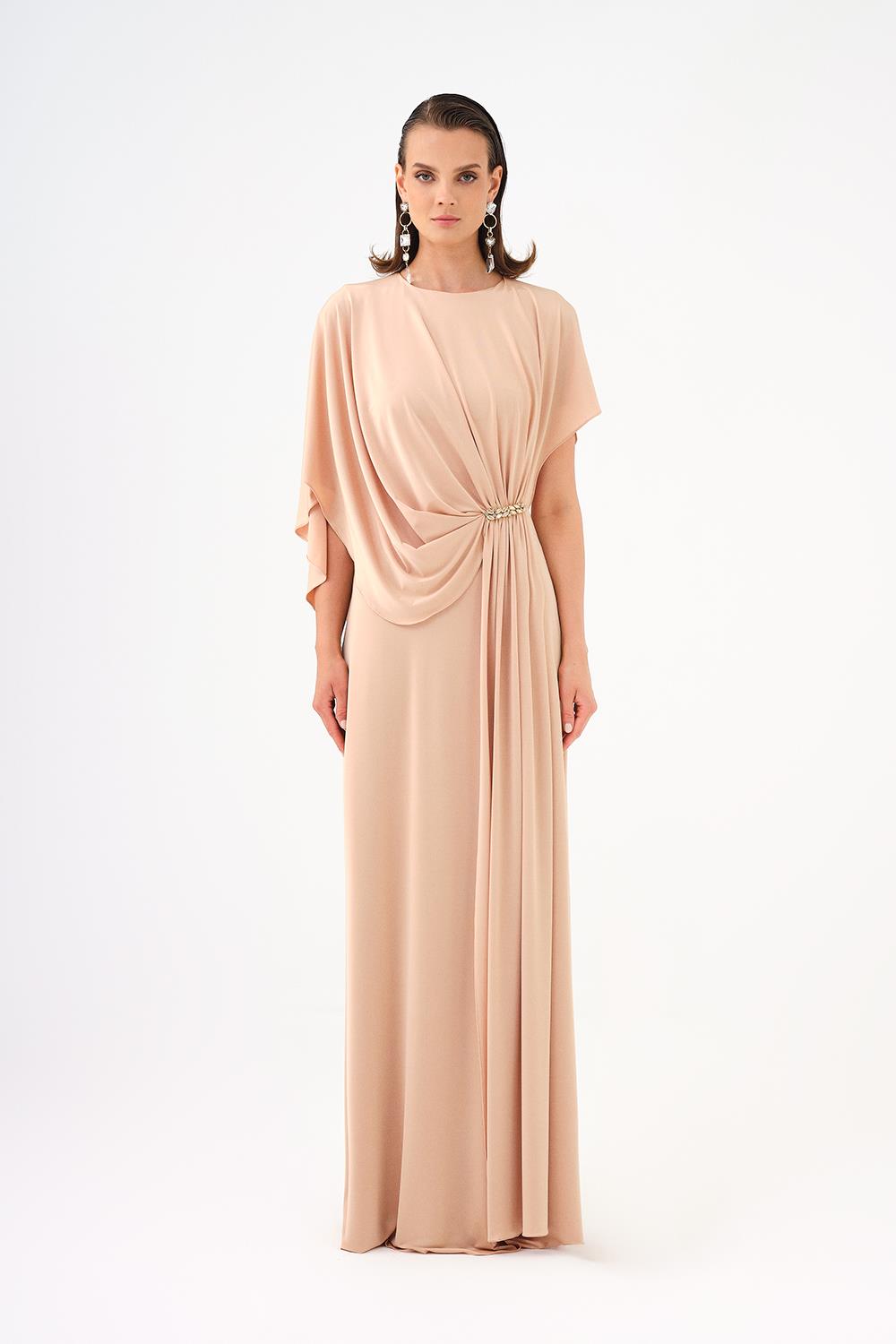 Stone Embroidery Detailed Half Sleeve Draped Long Evening Dress