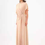 Stone Embroidery Detailed Half Sleeve Draped Long Evening Dress