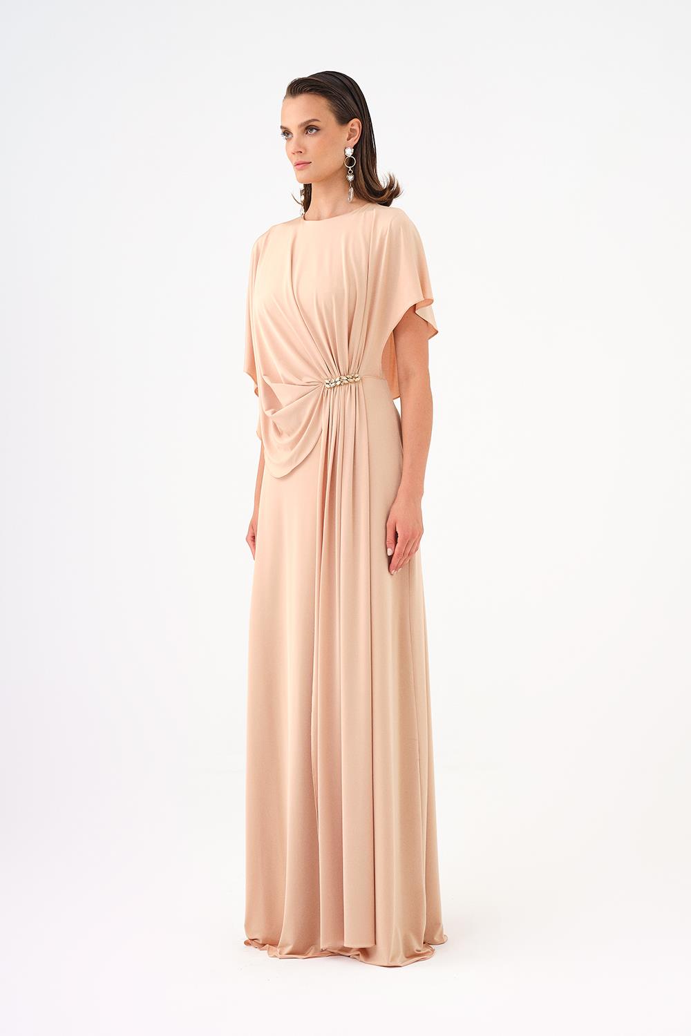 Stone Embroidery Detailed Half Sleeve Draped Long Evening Dress