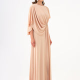 Stone Embroidery Detailed Half Sleeve Draped Long Evening Dress