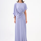 Stone Embroidery Detailed Half Sleeve Draped Long Evening Dress