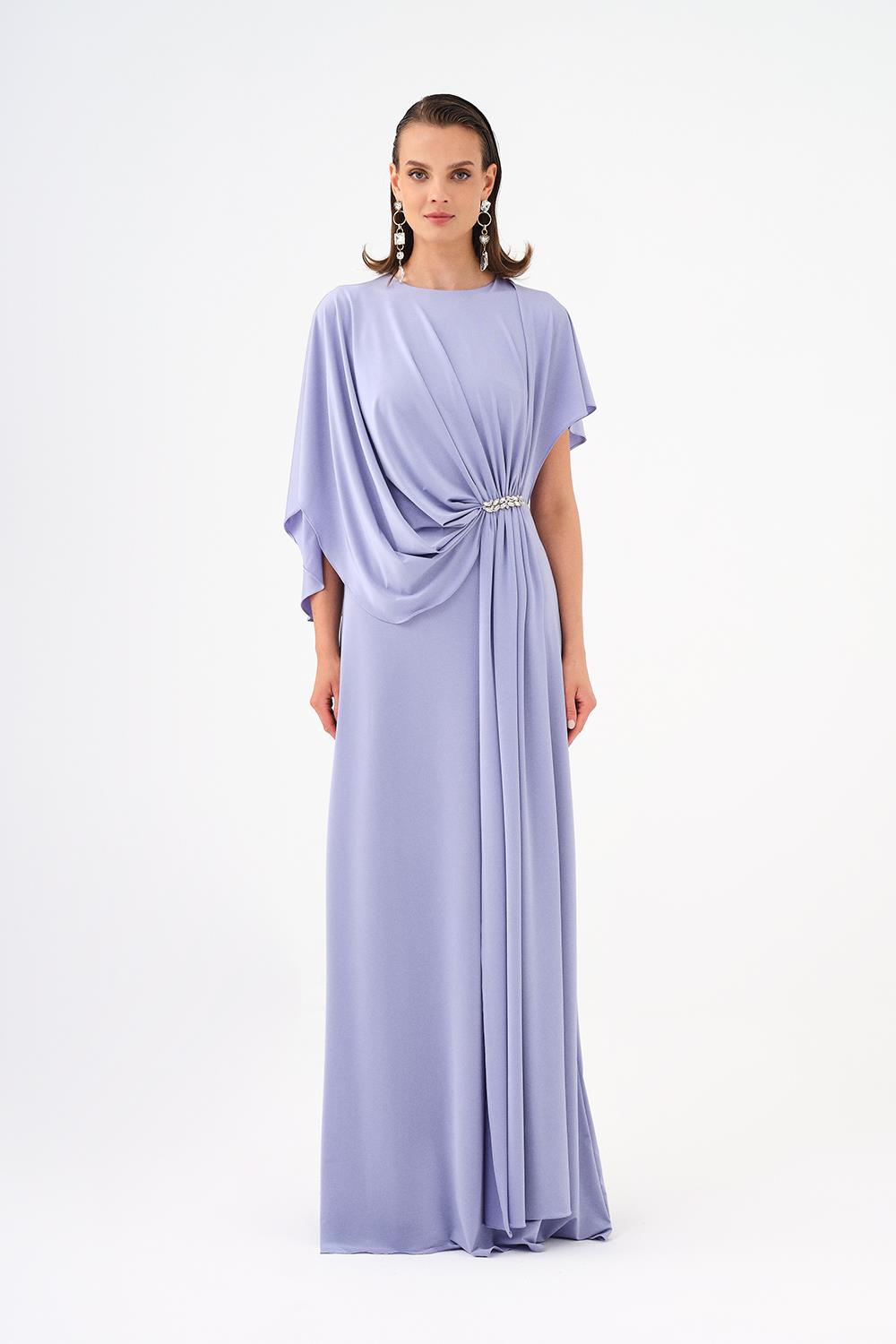 Stone Embroidery Detailed Half Sleeve Draped Long Evening Dress