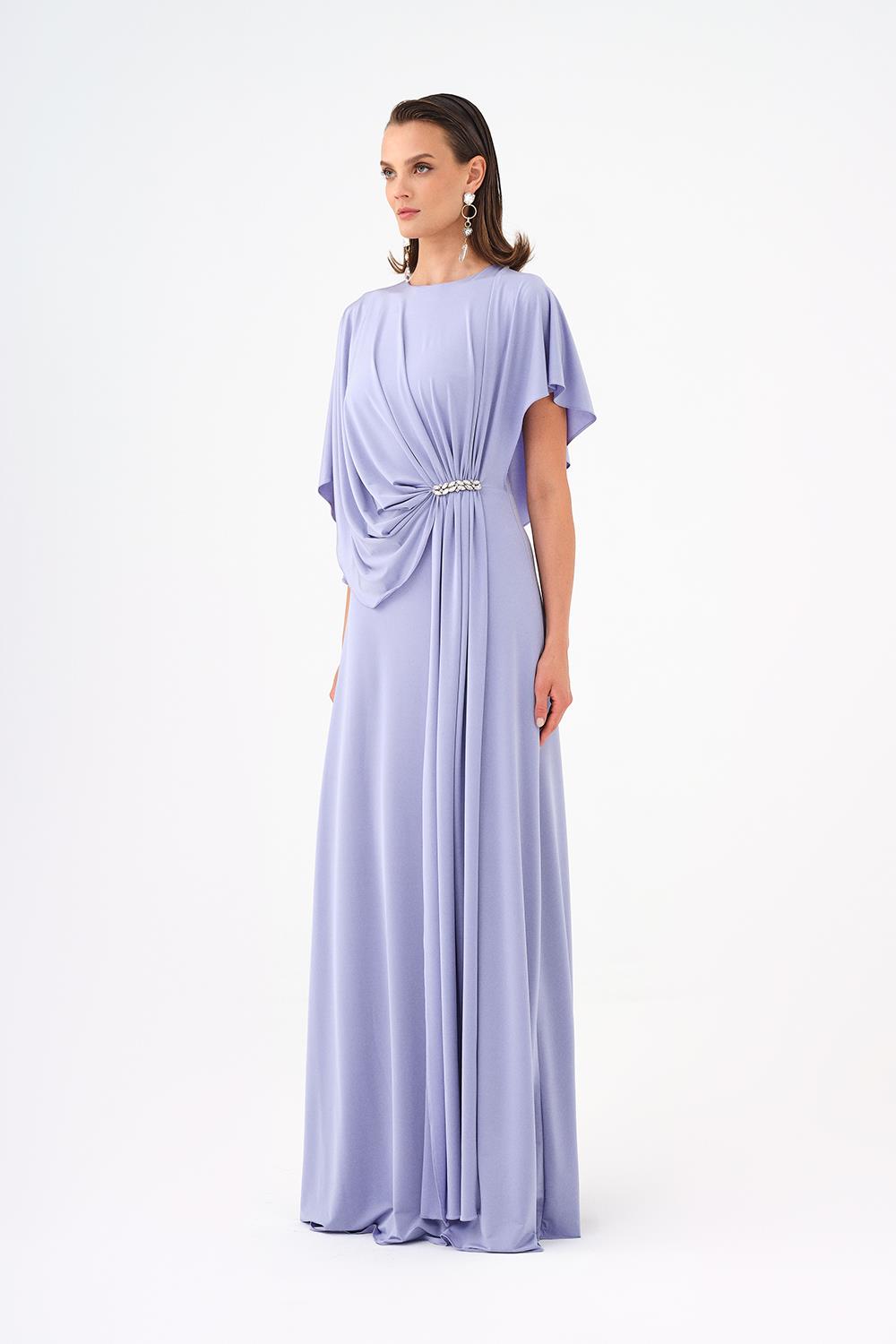 Stone Embroidery Detailed Half Sleeve Draped Long Evening Dress