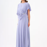 Stone Embroidery Detailed Half Sleeve Draped Long Evening Dress