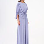 Stone Embroidery Detailed Half Sleeve Draped Long Evening Dress