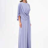 Stone Embroidery Detailed Half Sleeve Draped Long Evening Dress