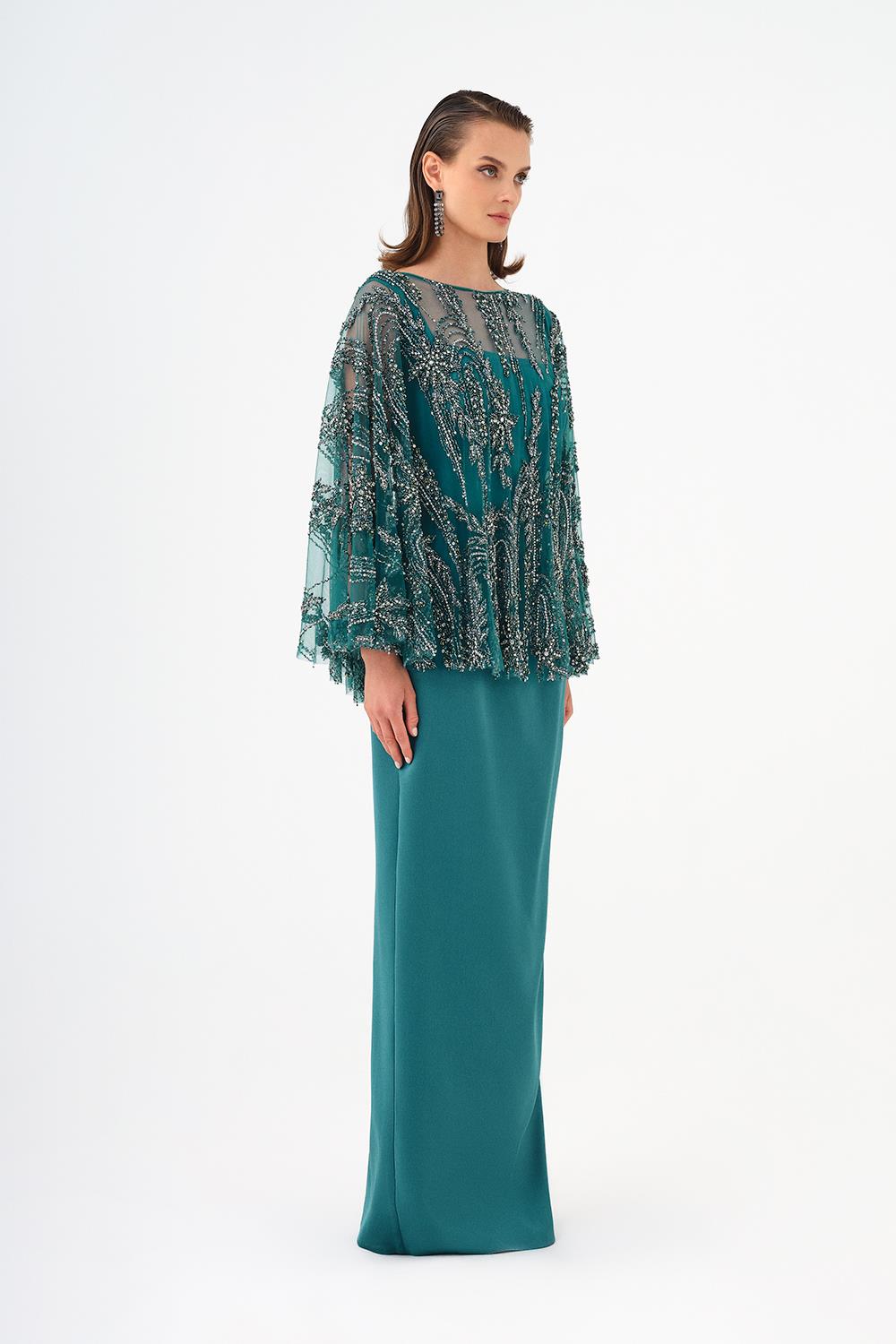 Long Evening Dress with Stone Embroidered Cape Straps