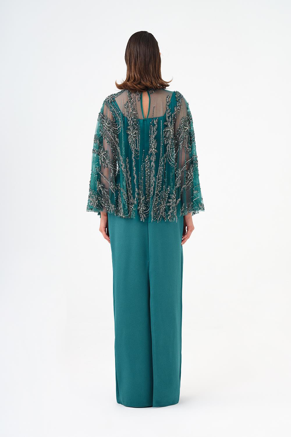 Long Evening Dress with Stone Embroidered Cape Straps