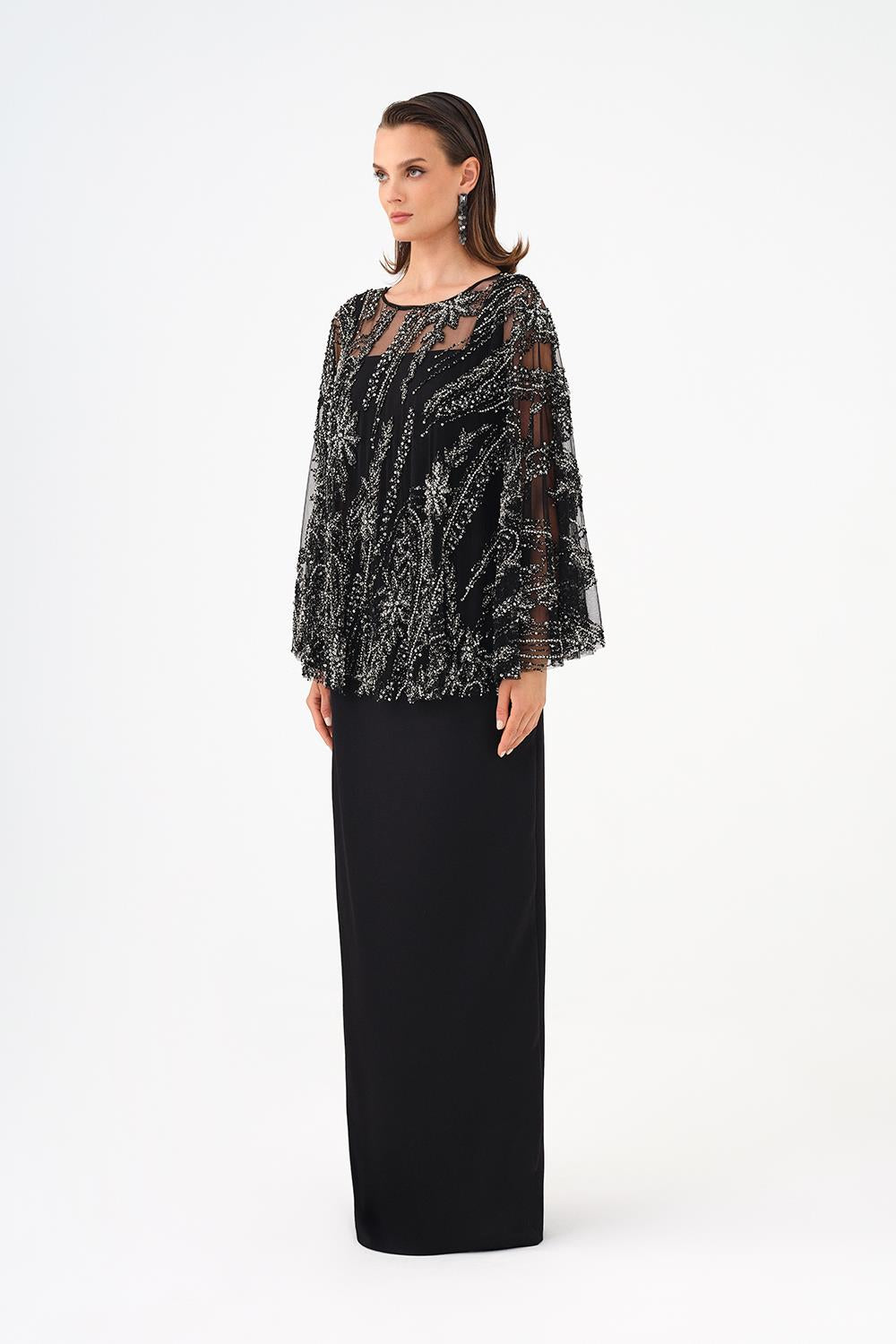 Long Evening Dress with Stone Embroidered Cape Straps