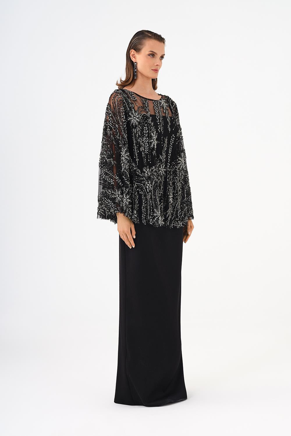 Long Evening Dress with Stone Embroidered Cape Straps