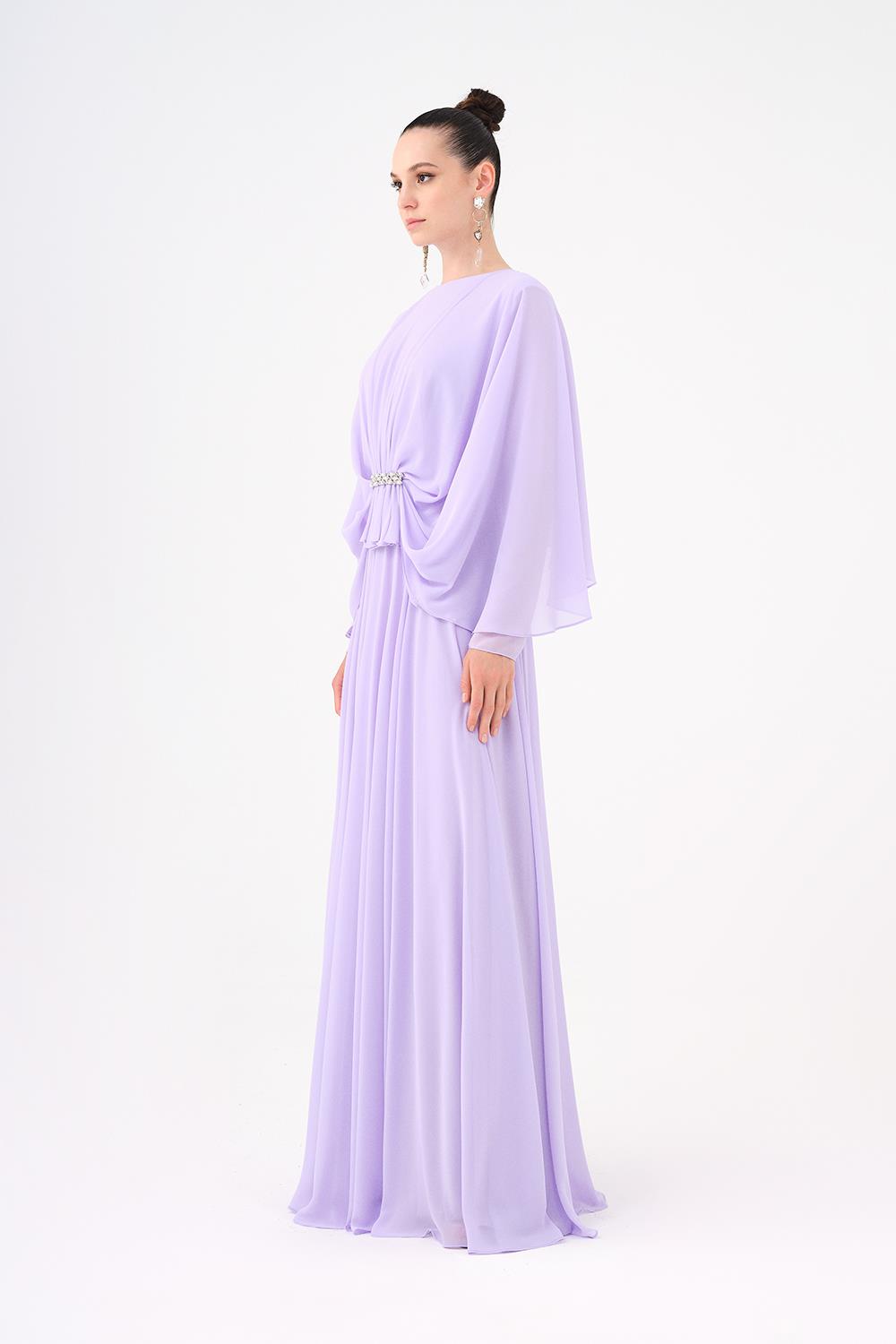 Stone Embroidery Detailed Long Sleeve Chiffon Evening Dress