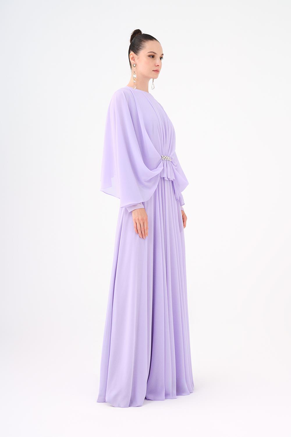 Stone Embroidery Detailed Long Sleeve Chiffon Evening Dress