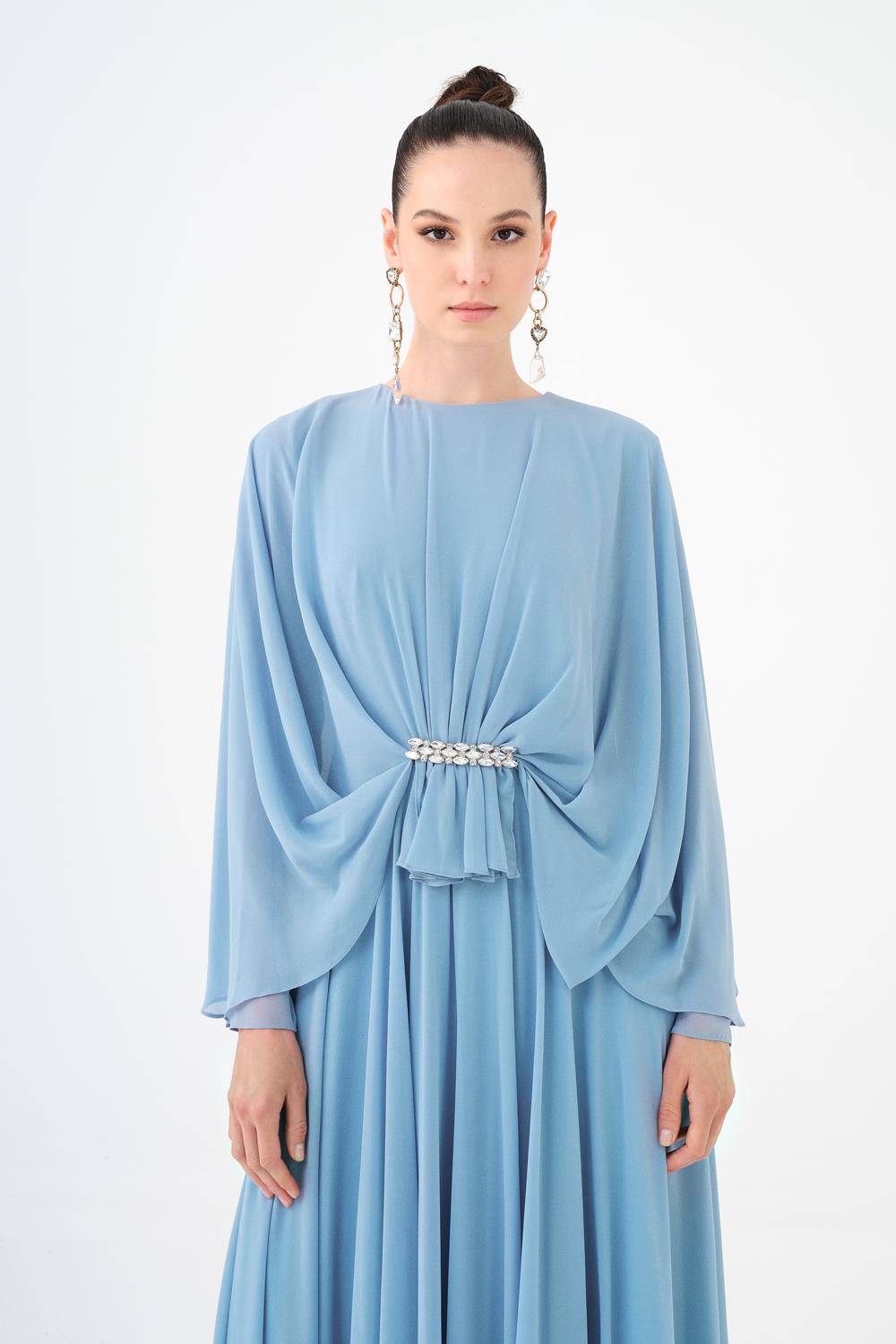 Stone Embroidery Detailed Long Sleeve Chiffon Evening Dress