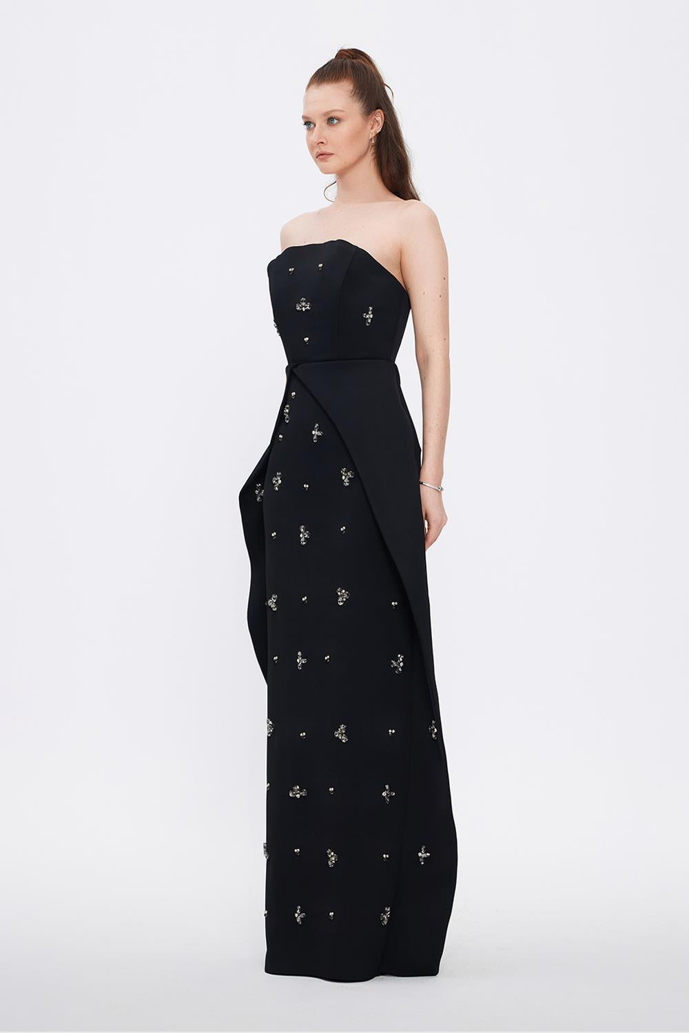 Stone Embroidery Detailed Strapless Long Evening Dress