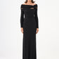 Stone Fabric Asymmetric Collar Detailed Long Sleeve Long Evening Dress