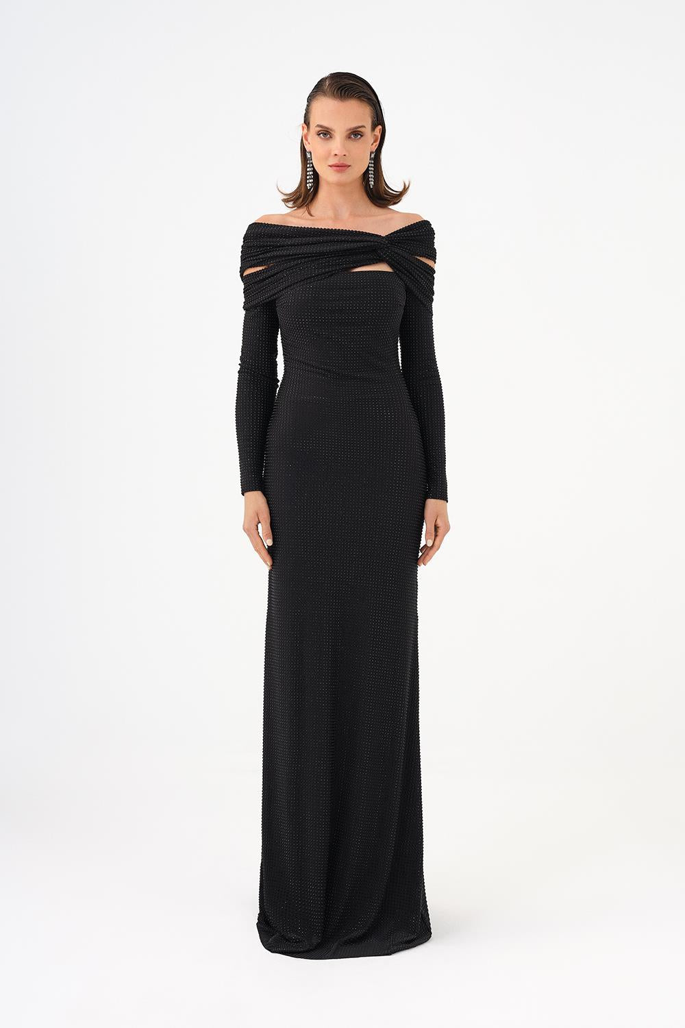 Stone Fabric Asymmetric Collar Detailed Long Sleeve Long Evening Dress