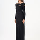 Stone Fabric Asymmetric Collar Detailed Long Sleeve Long Evening Dress