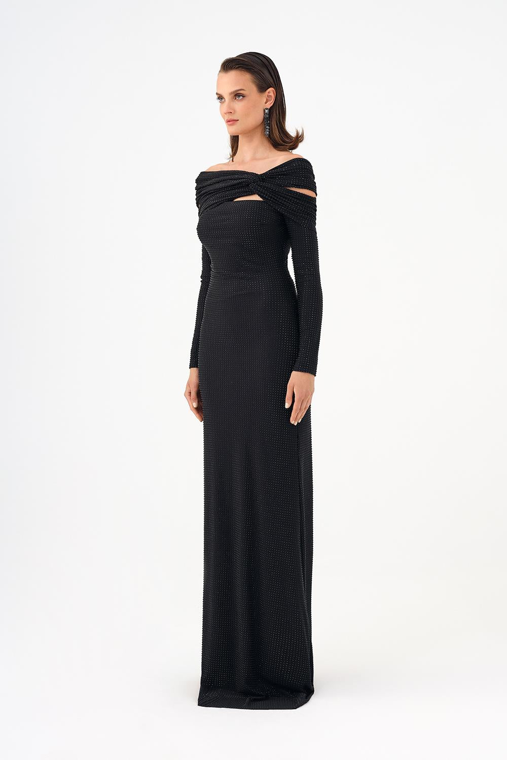 Stone Fabric Asymmetric Collar Detailed Long Sleeve Long Evening Dress