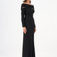 Stone Fabric Asymmetric Collar Detailed Long Sleeve Long Evening Dress