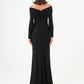 Stone Fabric Asymmetric Collar Detailed Long Sleeve Long Evening Dress