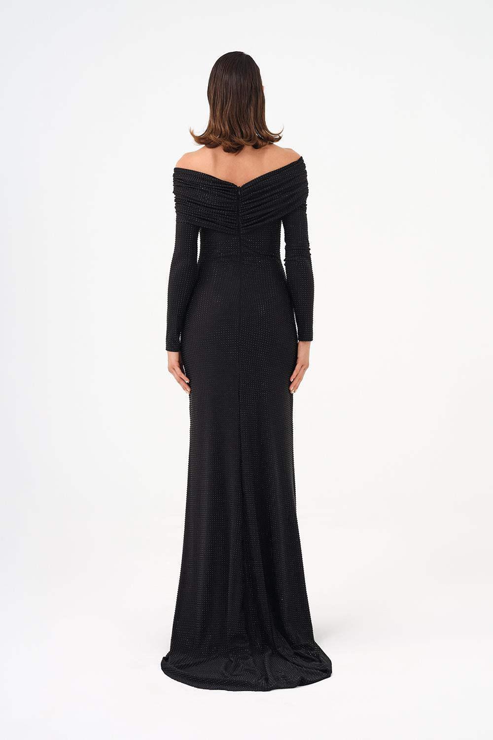 Stone Fabric Asymmetric Collar Detailed Long Sleeve Long Evening Dress