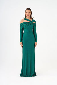 Stone Fabric Asymmetric Collar Detailed Long Sleeve Long Evening Dress