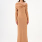 Stone Fabric Asymmetric Collar Detailed Long Sleeve Long Evening Dress